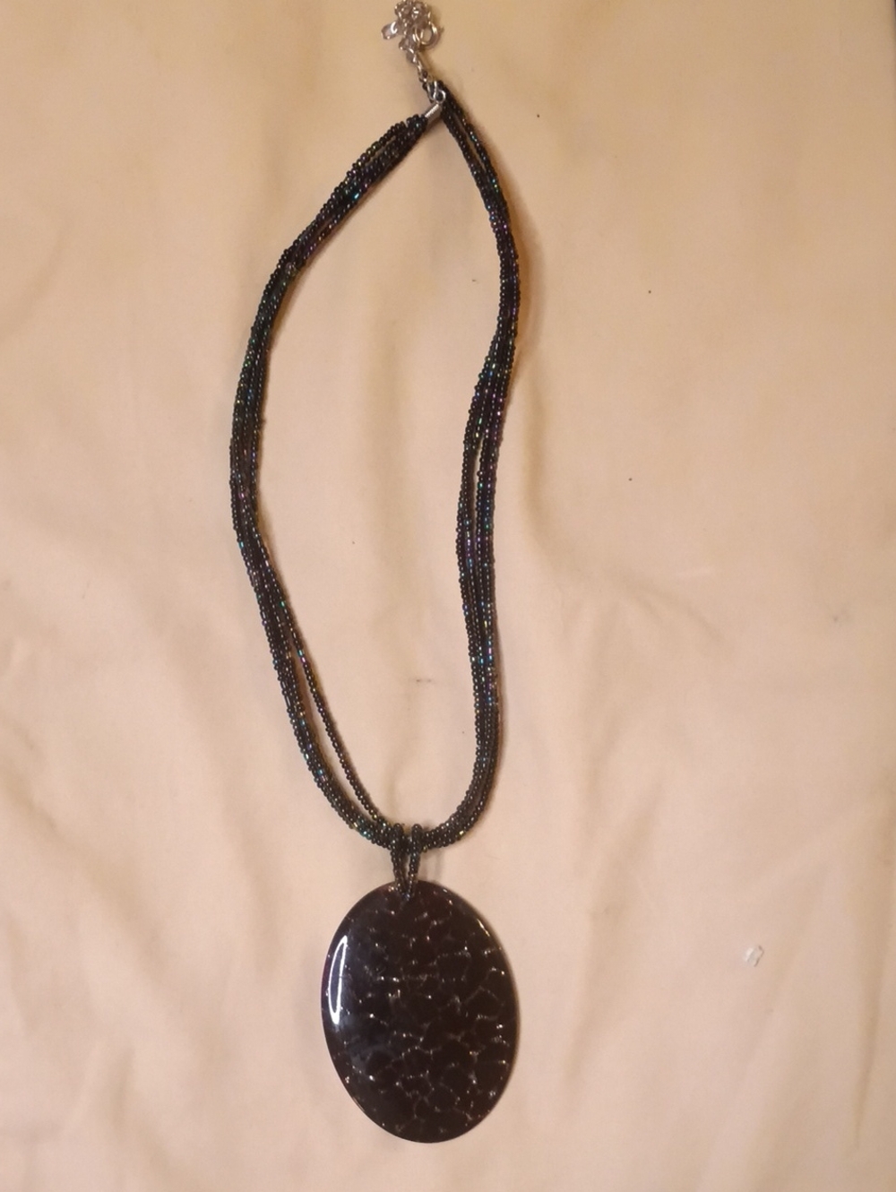 Black Beaded Necklace with Black Oval Pendant